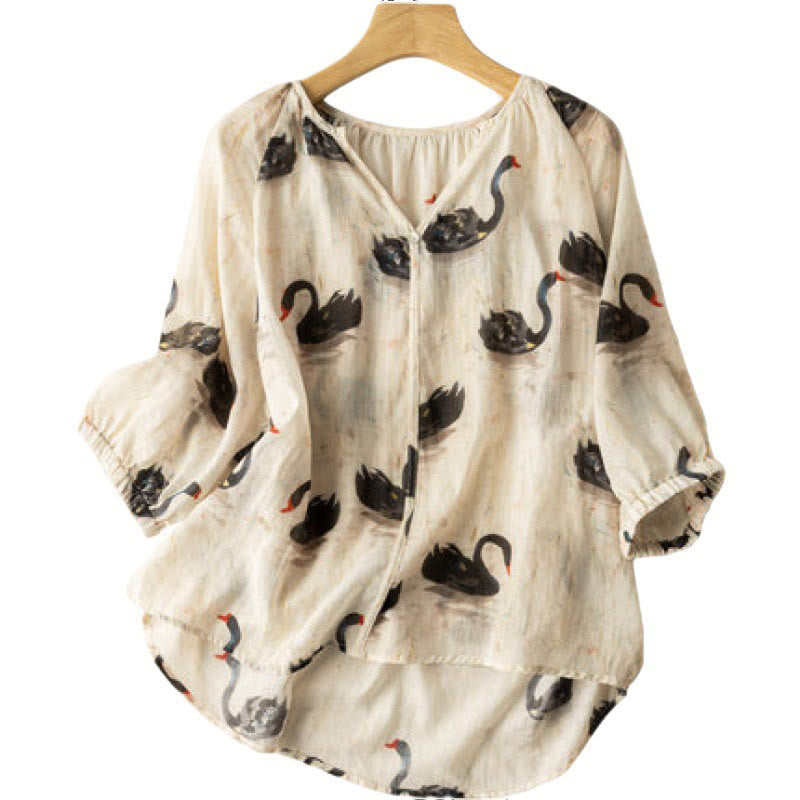 Casual Black Swan Print Women's V-Neck Half Sleeve Design Cotton Linen Shirt