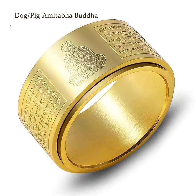 Chinese Zodiac Natal mystic zen Heart Sutra Carved Titanium Steel Calm Rotatable Ring