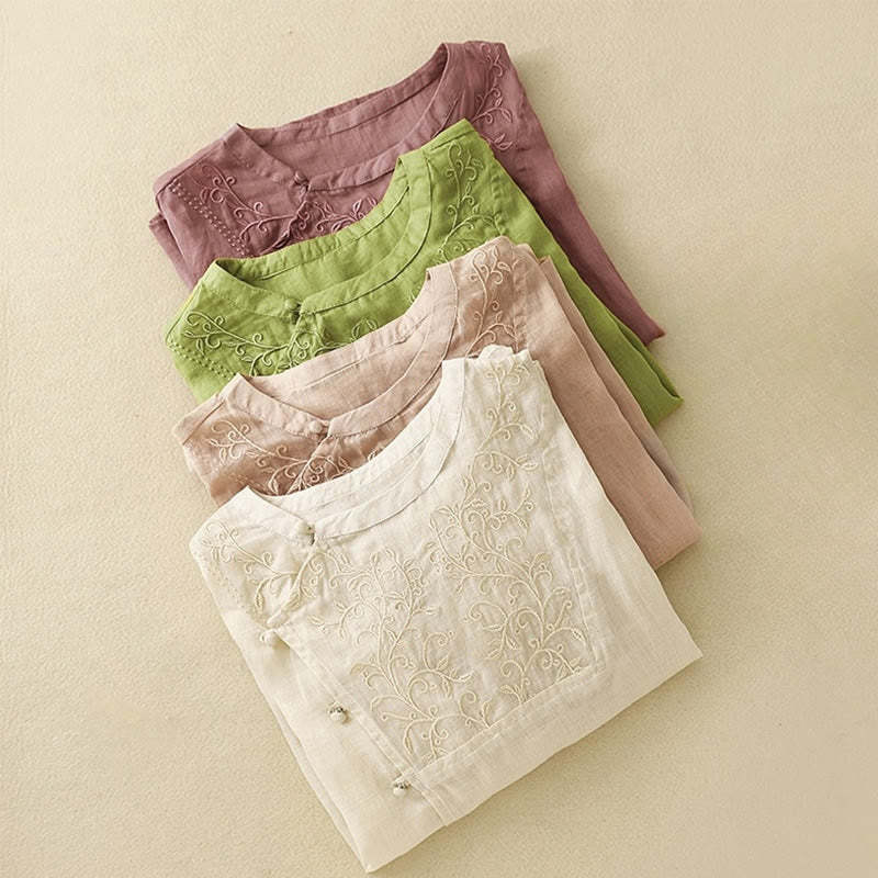 Plain Frog-Button Embroidery Vine Long Sleeve Slanted Collar Cotton Linen Women's Shirt