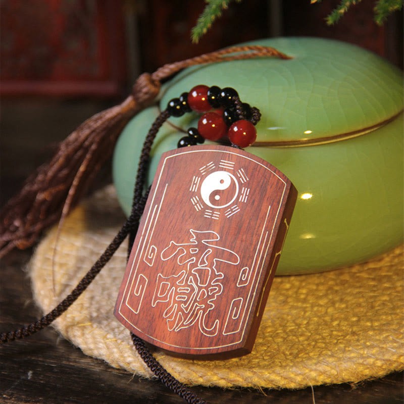 999 Sterling Silver Ebony Wood Red Sandalwood Yin Yang Bagua Balance Necklace Pendant