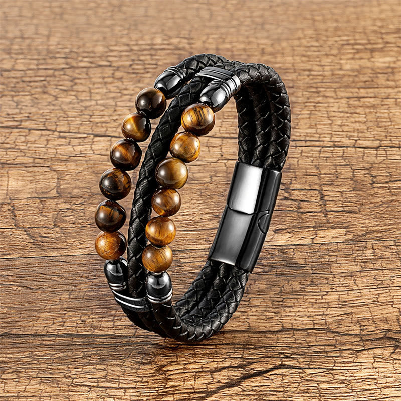 Tiger Eye Hematite Lava Rock Black Onyx Lazurite Beads Protection Strength Leather Bracelet