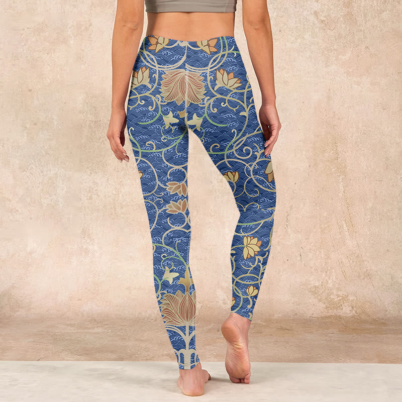 Lotus Flowers Print Gym Leggings Women's Yoga Pants