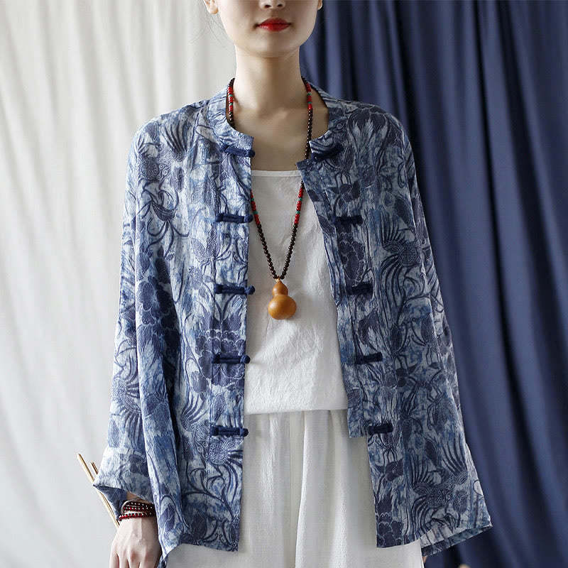 Retro Blue White Flowers Frog-Button Design Long Sleeve Ramie Linen Jacket Shirt