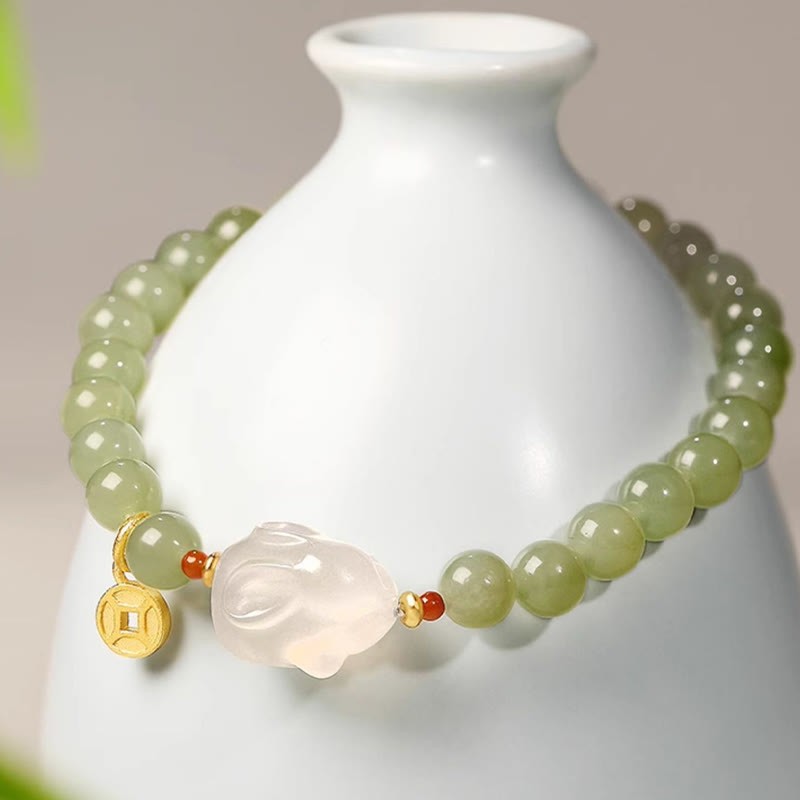 Natural Hetian Jade Agate Rabbit Copper Coin Luck Bracelet