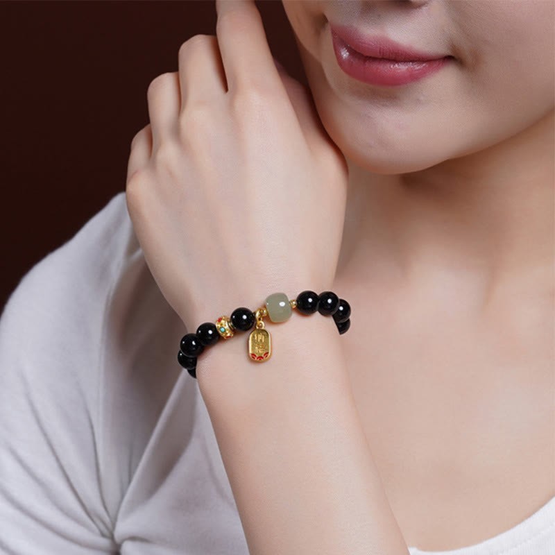 Black Onyx Hetian Jade Bead Lucky Fortune Charm Bracelet