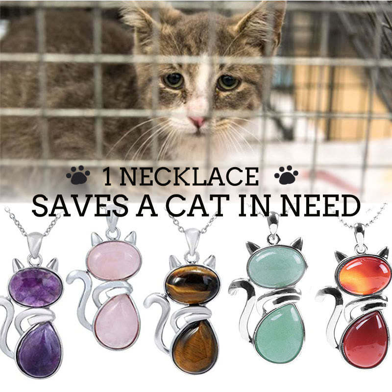 Save A Cat Cute Cat Pattern Natural Crystal Protection Cat-Loving Pendant Necklace