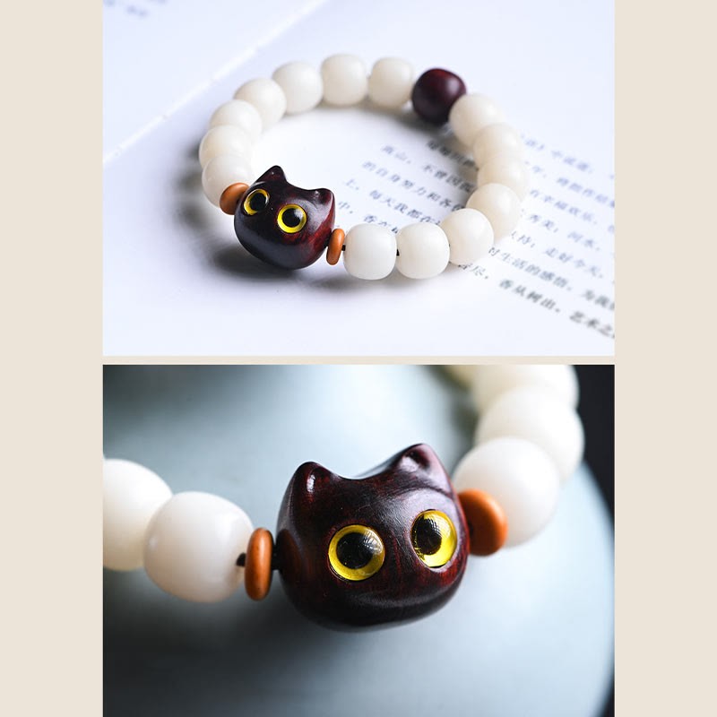 Natural Bodhi Seed Small Leaf Red Sandalwood Ebony Wood Cute Lucky Cat Wisdom Bracelet