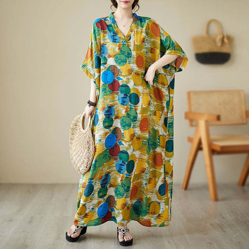 Orange Blue Colorful Polka Dots Midi Dress Cotton Half Sleeve Dress With Pockets