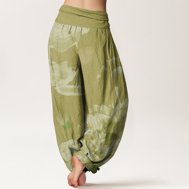 Pink And White Lotus Women's Elastic Waist Harem Pants