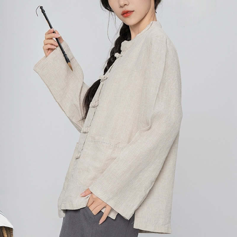 Solid Color Frog-button Long Sleeve Linen Women's Shirts With Pockets