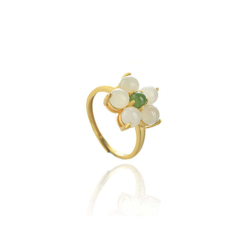 925 Sterling Silver Natural Hetian Jade Peach Blossom Flower Luck Adjustable Ring
