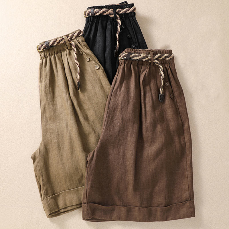 Casual Solid Color Turn Up Cuff Belt Cotton Linen Women's Shorts With Pockets