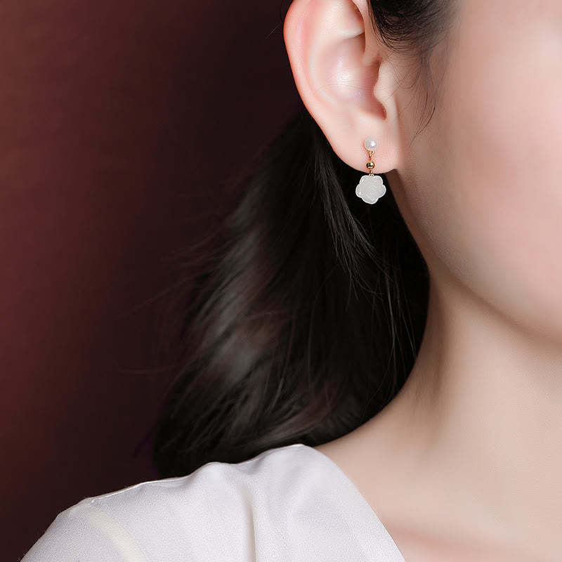 925 Sterling Silver Plated Gold Jade Rose Flower Cyan Jade Pearl Luck Earrings