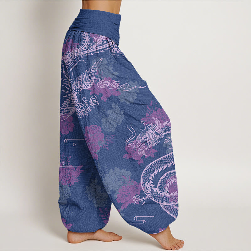Dragons Roses Auspicious Clouds Phoenix Women's Elastic Waist Harem Pants