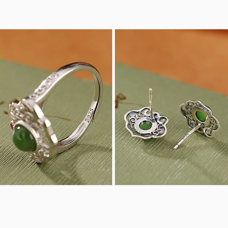 925 Sterling Silver Natural Hetian Cyan Jade Hollow Design Luck Ring Earrings Set