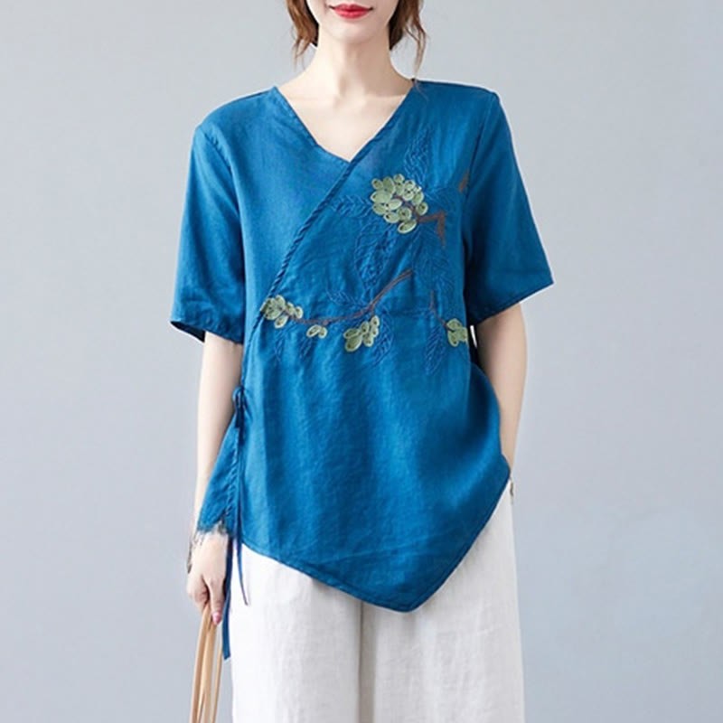 Summer Casual Ethnic Embroidery Flower Lace-up Short Sleeve V-neck Cotton Linen Women's T-Shirt