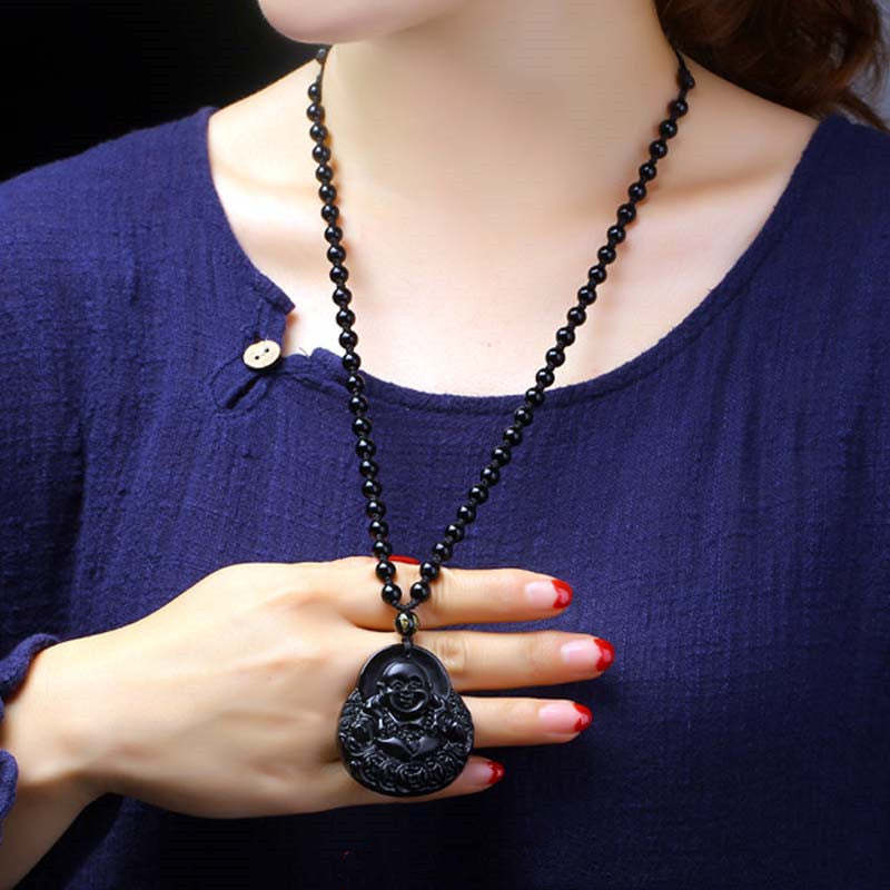 Laughing mystic zen Black Obsidian Strength Protection Pendant Necklace