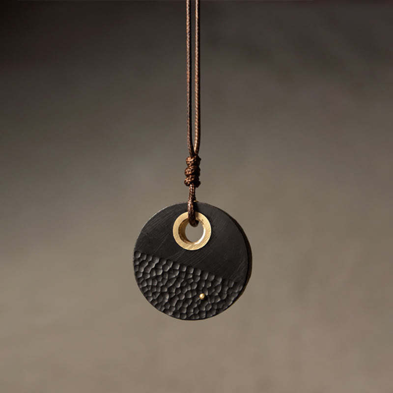 Handcrafted Round Ebony Wood Copper Peace Necklace Pendant