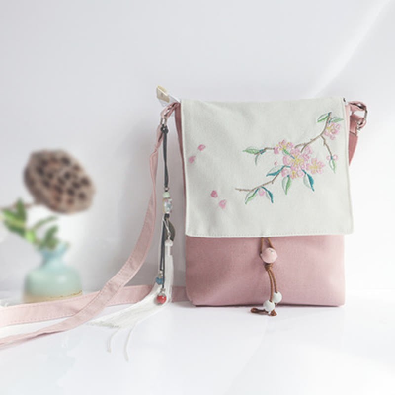 Handmade Embroidered Plum Flowers Canvas Crossbody Bag Shoulder Bag Handbag