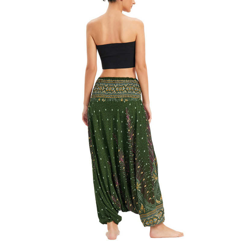 Two Style Wear Peacock Feather Loose Smocked Harem Trousers Jumpsuit High Waist Pants