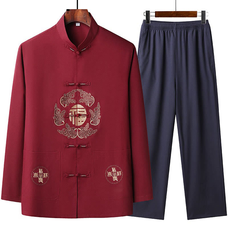Chinese New Year Embroidered Fu Tang Suit Hanfu Long Sleeve Top Pants Clothing Men's Set