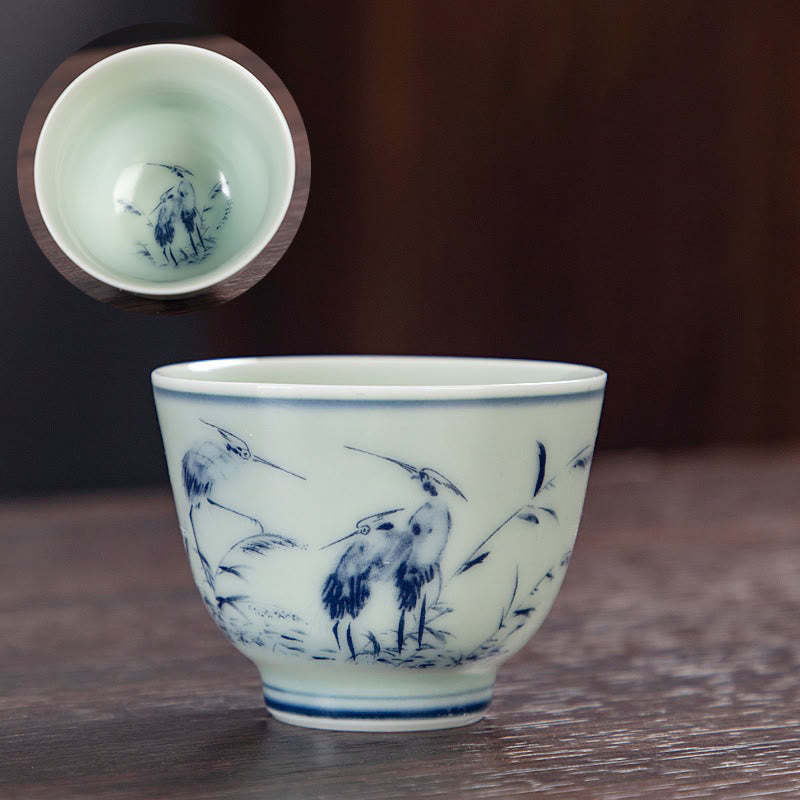 Blue Landscape Mountains Lotus Cute Cat Pavilions Magnolia Reed Egrets Ceramic Teacup Small Kung Fu Tea Cup