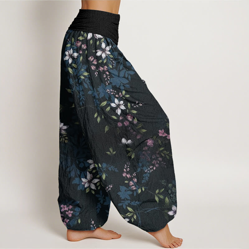 Small White Blossoms Green Leaves Women's Elastic Waist Harem Pants