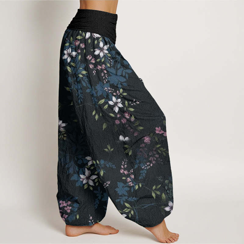 Small White Blossoms Green Leaves Women's Elastic Waist Harem Pants
