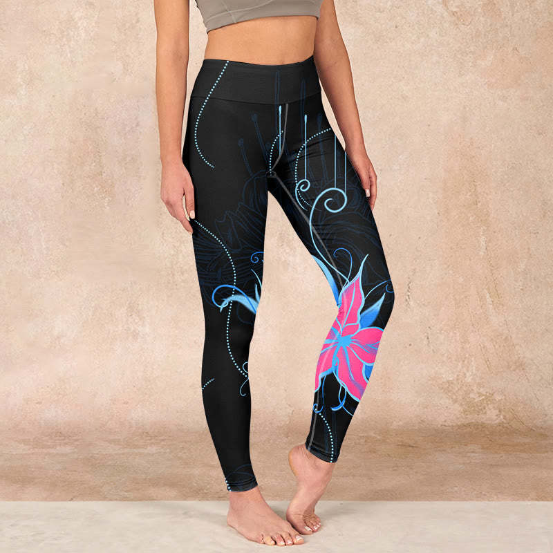 Black Pink Blue Flowers Print Fitness Leggings Women's Yoga Pants