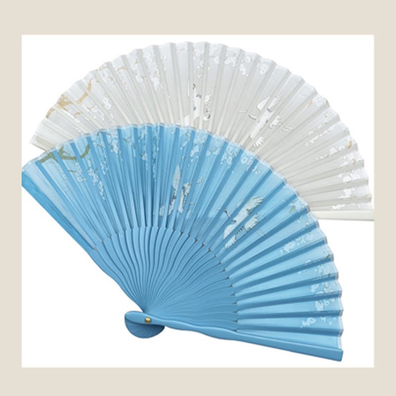 Crane Plum Blossom Handheld Silk Bamboo Folding Fan