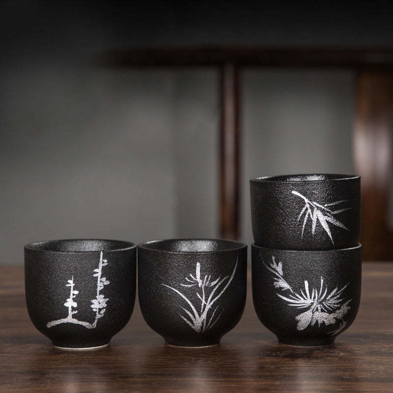 Hand Painted Lotus Flower Bamboo Chrysanthemum Black Pottery Ceramic Teacup Kung Fu Tea Cup 95ml