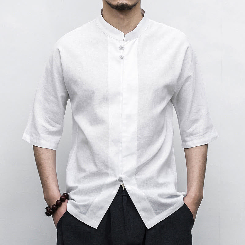 Chinese Frog-Button Tang Suit Zen Half Sleeve Shirt Linen Men Clothing