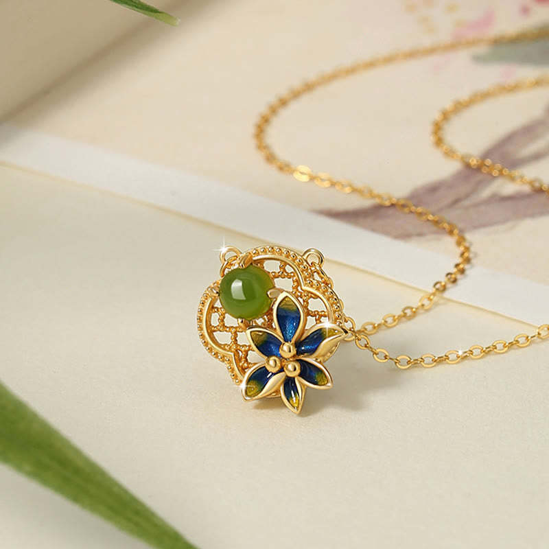 925 Sterling Silver Four Leaf Clover Flower Hetian Cyan Jade Pearl Healing Necklace Pendant Bracelet Earrings Set
