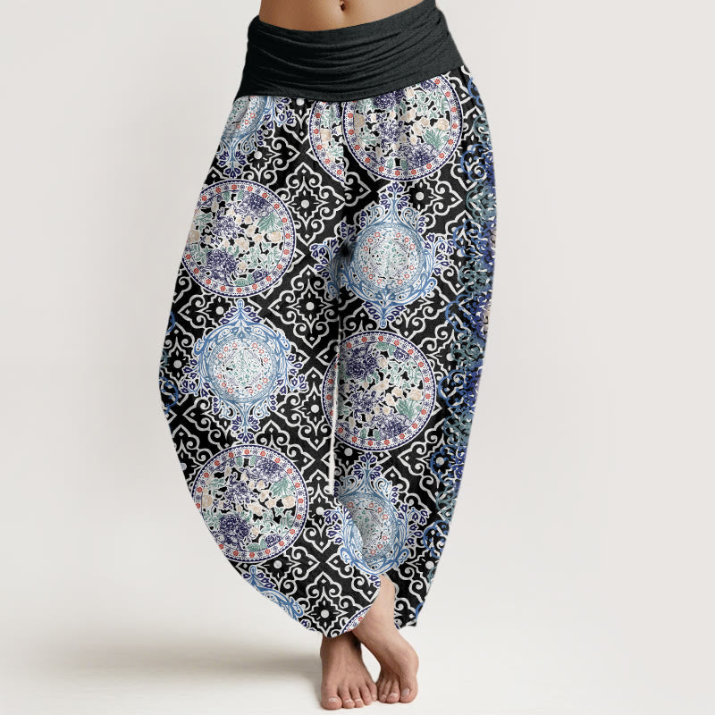 Round Diamond Shape Chinese Floral Design Women's Elastic Waist Harem Pants