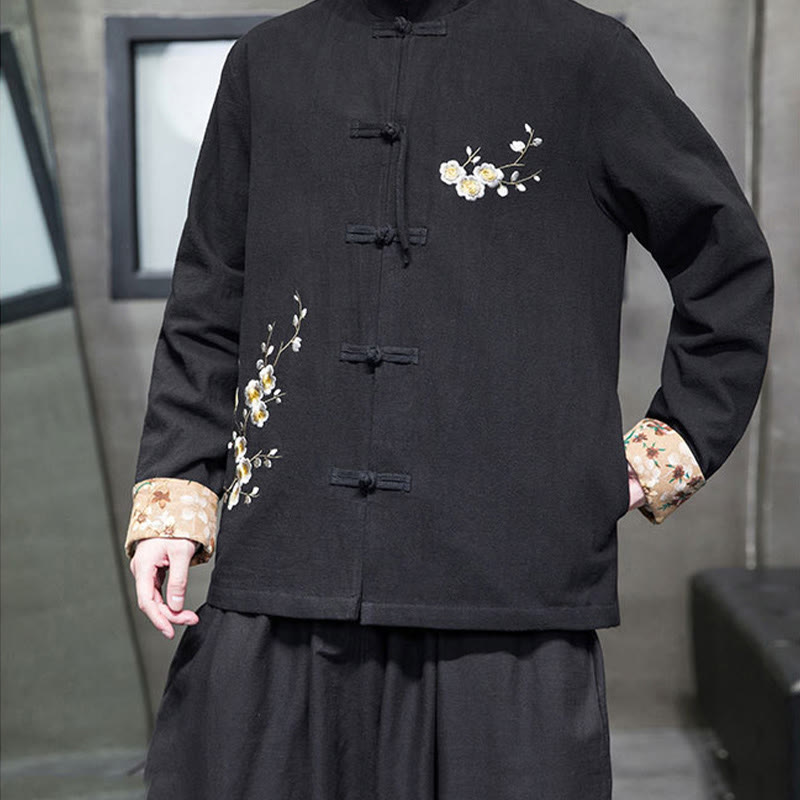 Plum Blossom Embroidery Cuff Flower Design Frog-button Tang Suit Cotton Linen Men's Jacket Shirt