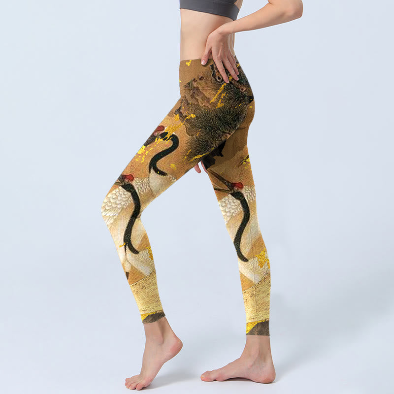 Rock Pine Tree Red-crowned Crane Pattern Print Gym Leggings Women's Yoga Pants