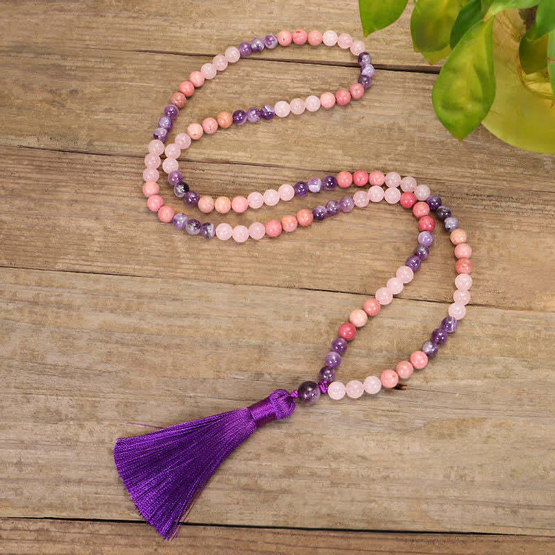 108 Mala Beads Amethyst Rose Quartz Spiritual Healing Tassel Bracelet