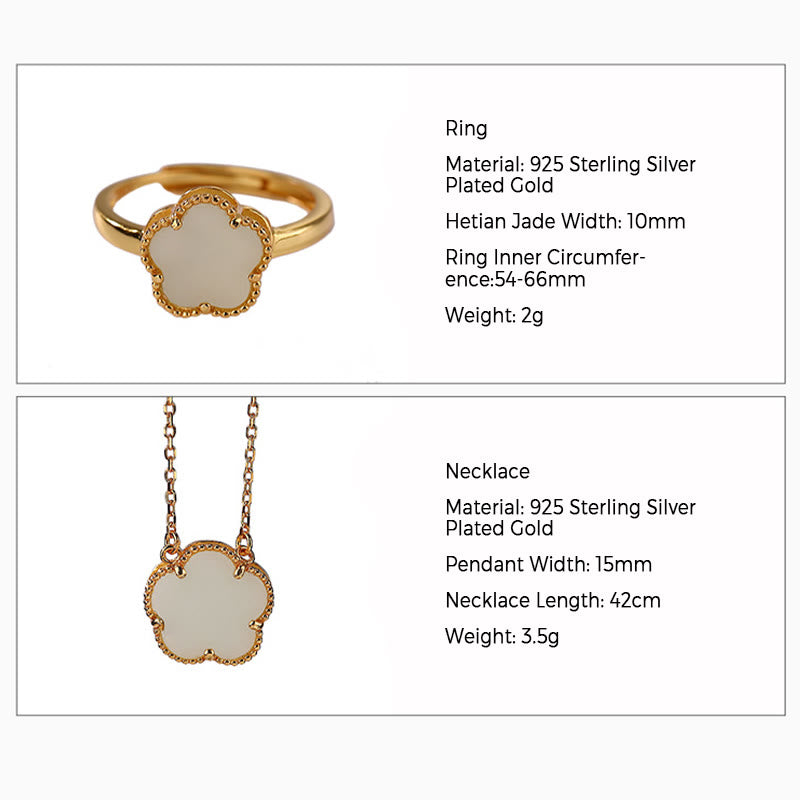 925 Sterling Silver Plated Gold Natural Hetian Jade Flower Luck Necklace Pendant Ring Set