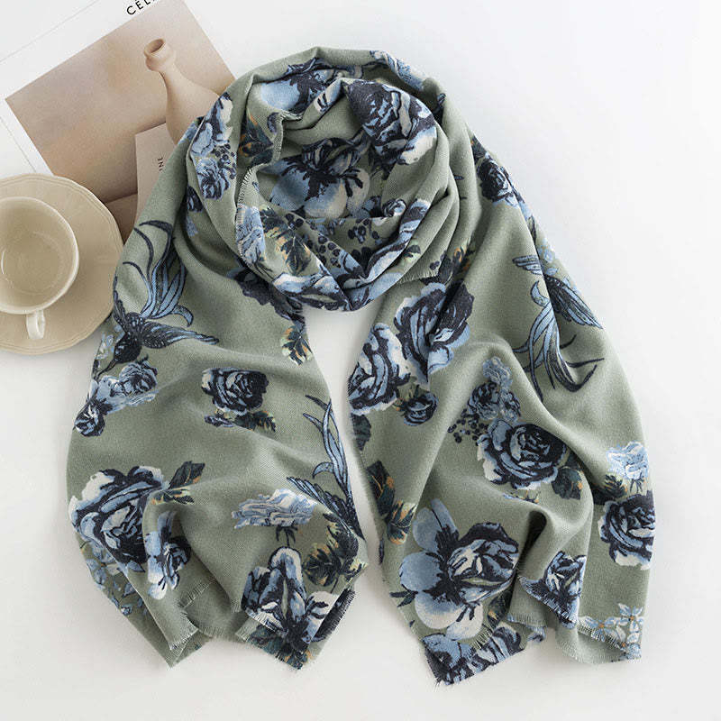 Tibetan Shawl Garden Style Rose Flower Print Fall Winter Soft Warm Scarf Wrap