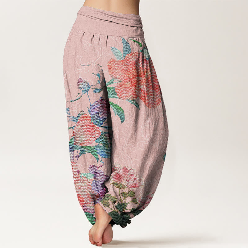 Casual Bright Peony Flower Grass Women's Elastic Waist Harem Pants