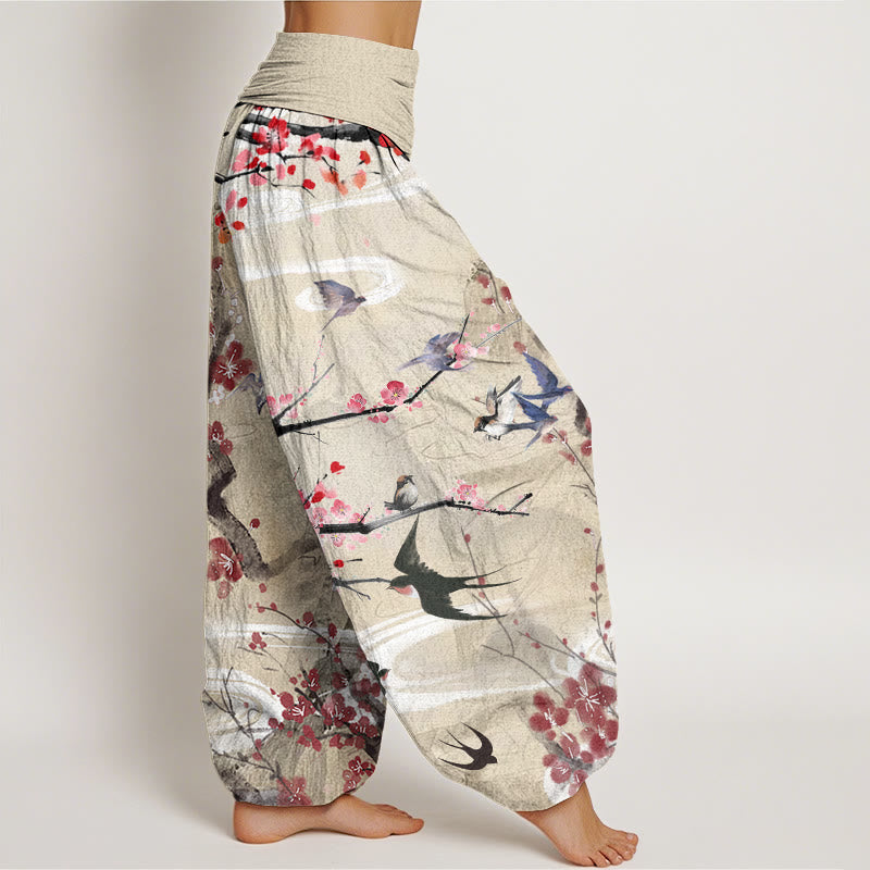 Casual Plum Blossom Bird Mountain Pattern Women's Elastic Waist Harem Pants