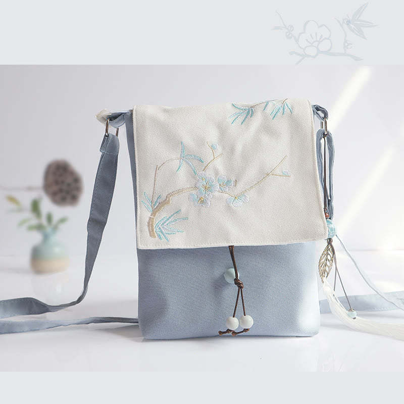 Handmade Embroidered Plum Flowers Canvas Crossbody Bag Shoulder Bag Handbag