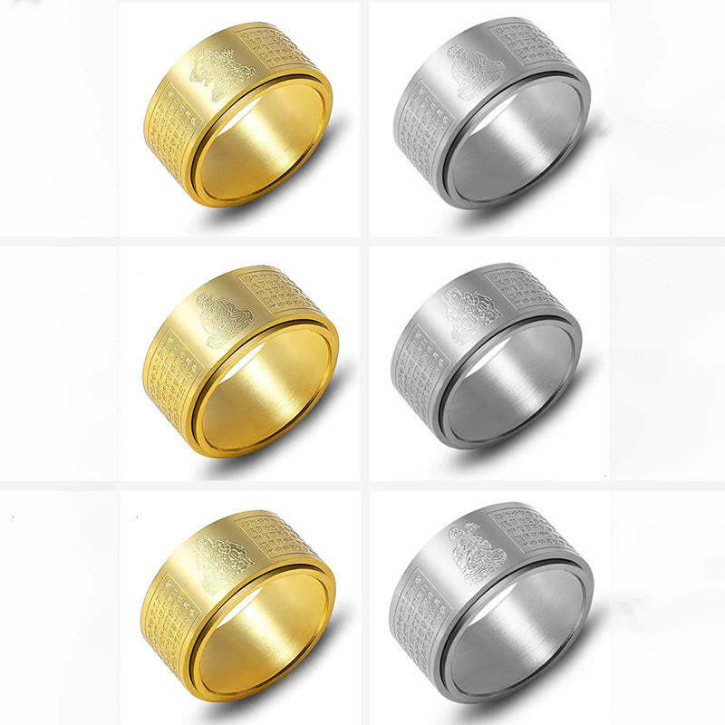Chinese Zodiac Natal mystic zen Heart Sutra Carved Titanium Steel Calm Rotatable Ring