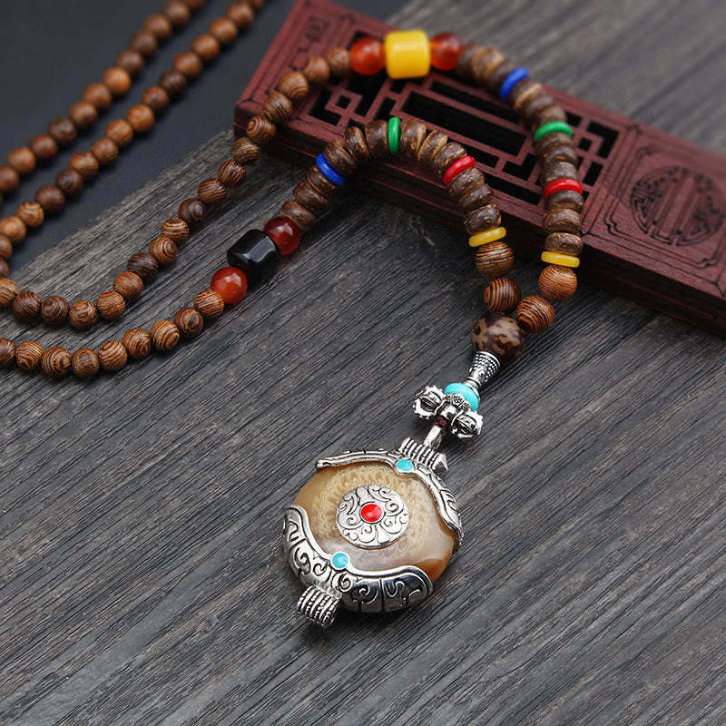 Tibetan Wenge Wood Bodhi Seed Agate Elephant Protection Necklace Pendant