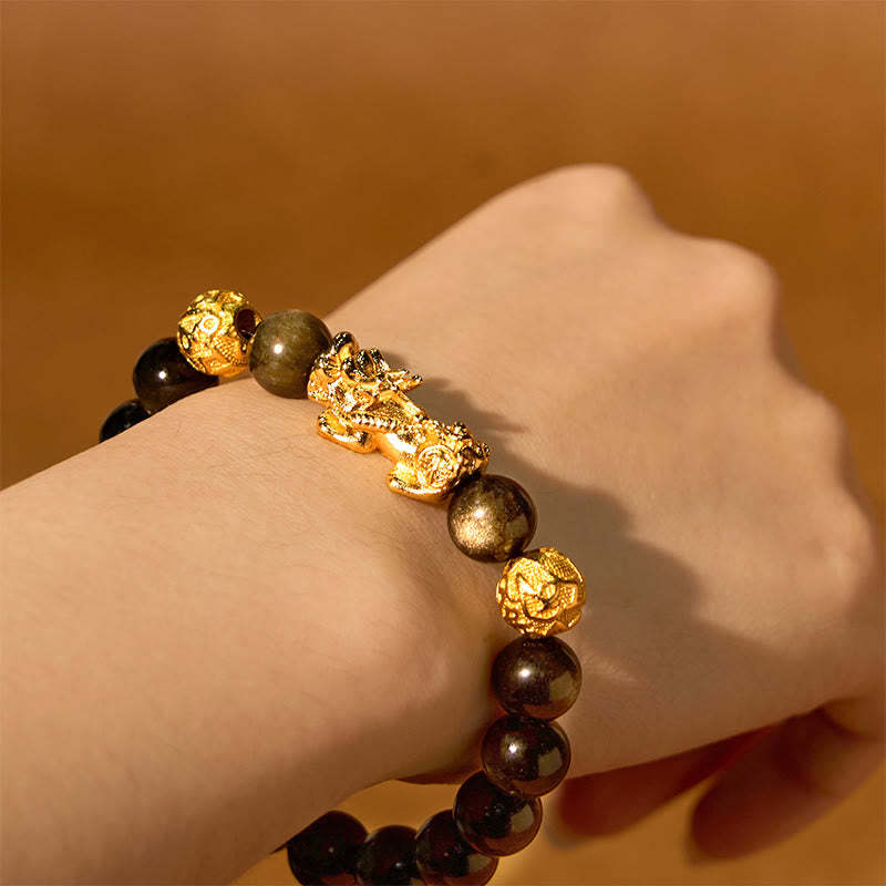 Natural Gold Sheen Obsidian PiXiu Om Mani Padme Hum Wealth Bracelet