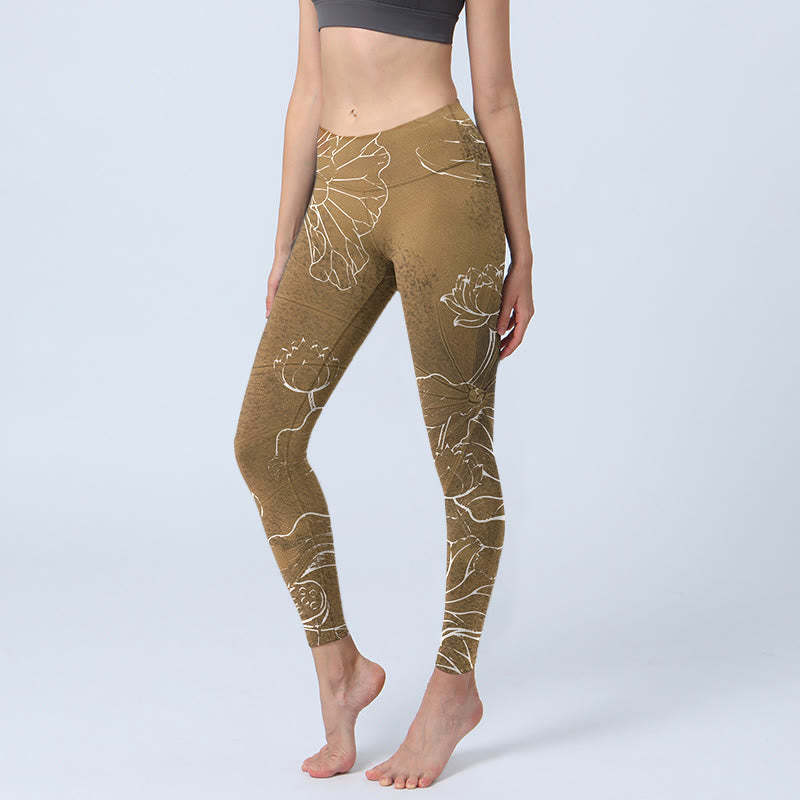 Goldenrod Lotus Flowers Leaves Print Gym Fitness Leggings Women's Yoga Pants