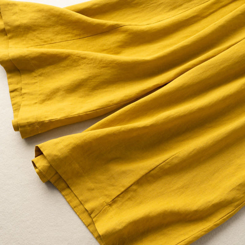 Plain Color Cropped Pants Cotton Linen Women's Wide Leg Pants With Pockets