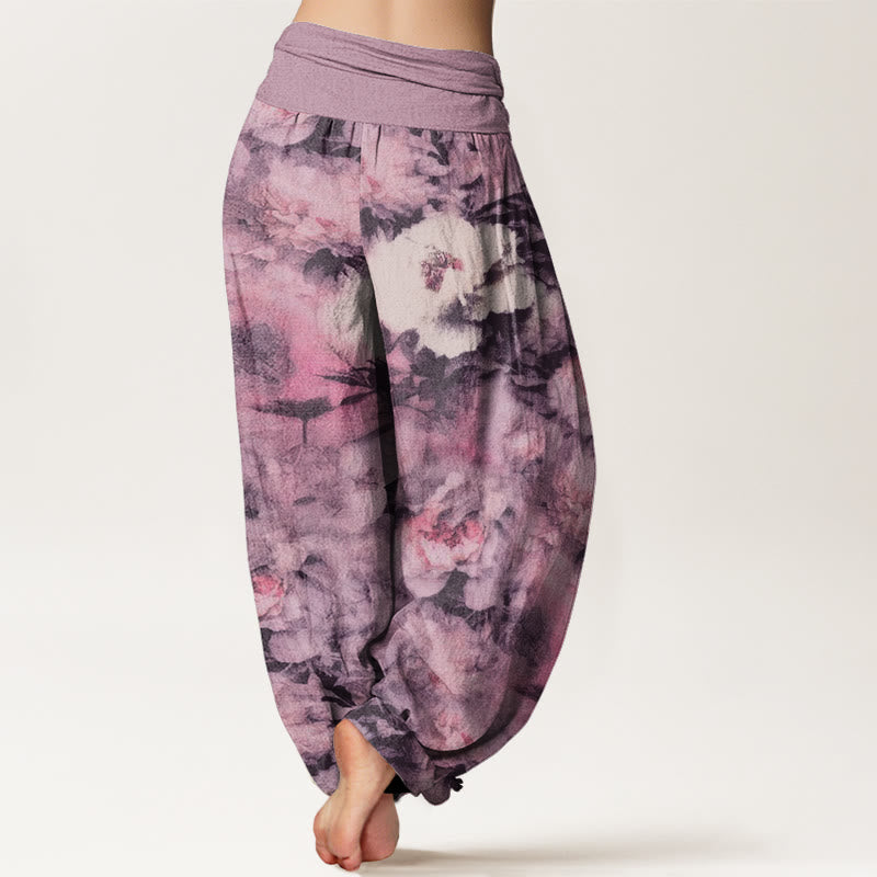 Casual Elegant Peony Flowers Women's Elastic Waist Harem Pants