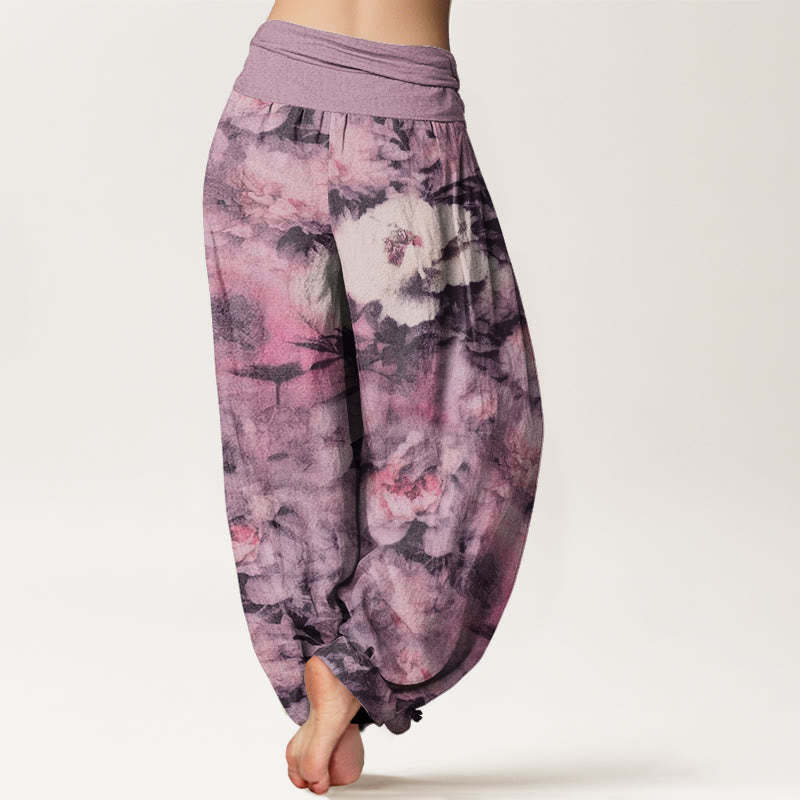 Casual Elegant Peony Flowers Women's Elastic Waist Harem Pants