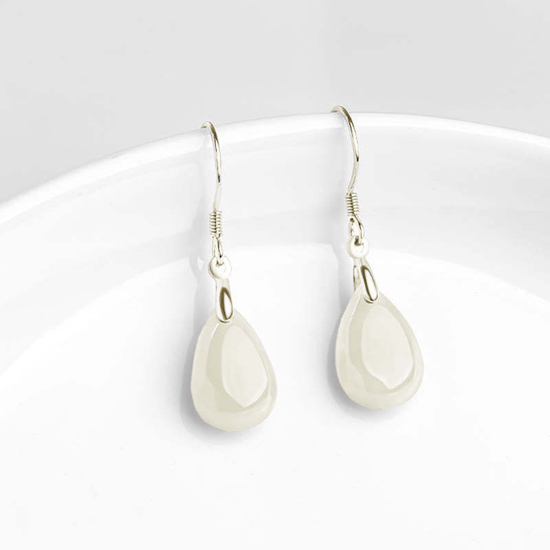 925 Sterling Silver Jade Water Drop Pattern Luck Prosperity Dangle Earrings